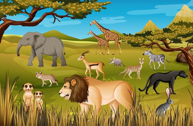 Free vector group of wild african animal in the forest scene