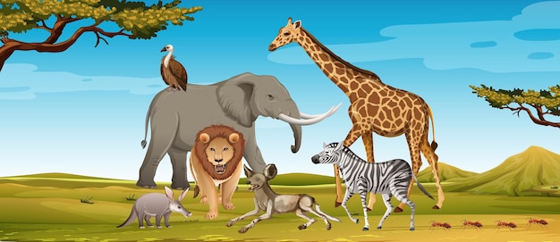 Free Vector group of wild african animal in the forest scene