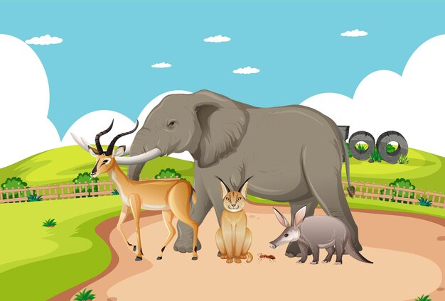 Group of wild african animal in the zoo scene