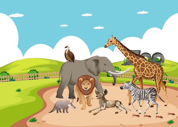 Free Vector group of wild african animal in the zoo scene