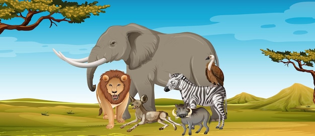 Group of wild african animal in the zoo scene