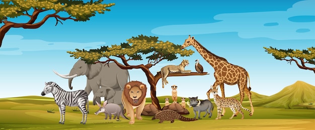 Free vector group of wild african animal in the zoo scene