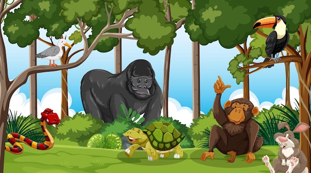 Group of wild animals in nature forest scene