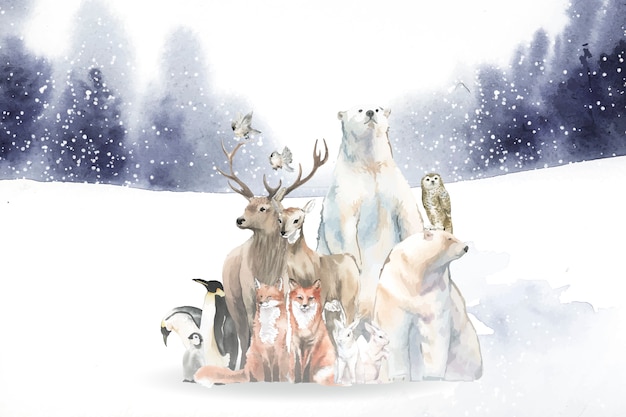 Free Vector group of wild animals in the snow drawn in watercolor