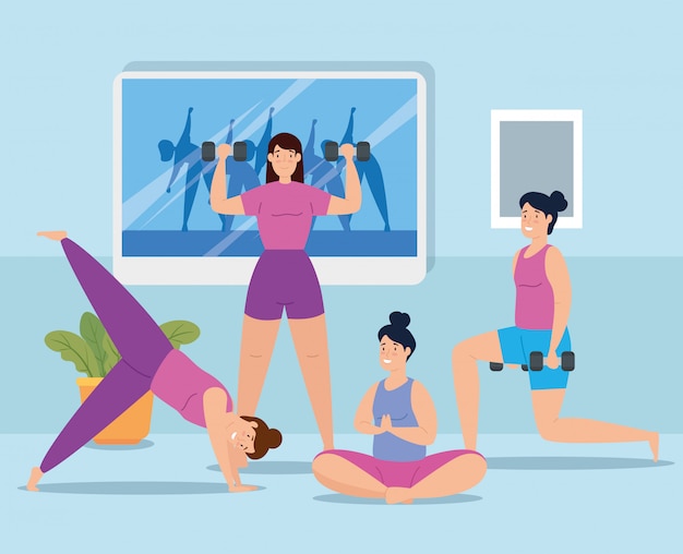 Free Vector group of women home workout vector illustration design