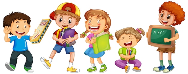 Group of young children cartoon character on white background