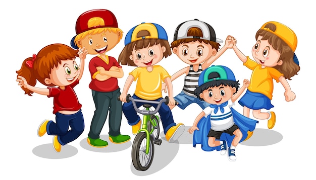 Free Vector group of young children cartoon character on white background