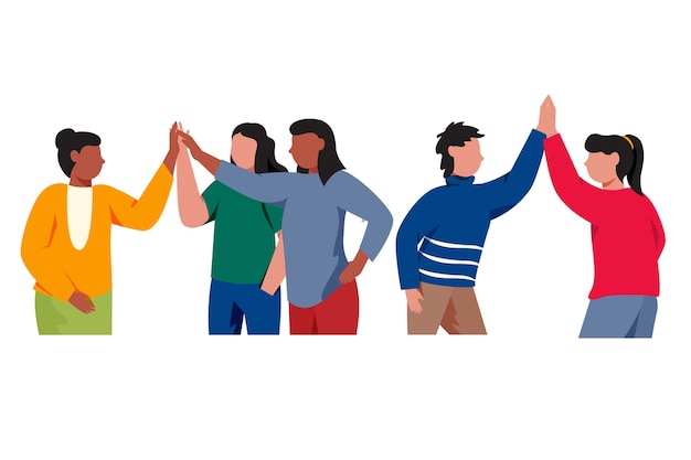 Group of young people giving high five illustrated