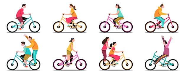 Groups of children ride bicycles in a park having fun during the school holidays. Flat vector illustration design