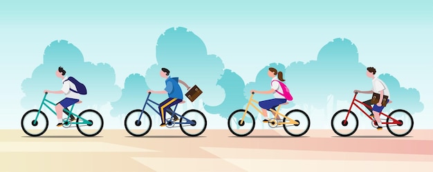 Free Vector groups of students ride bicycles to go to school having fun. education is like going on a journey around the world. flat vector illustration design