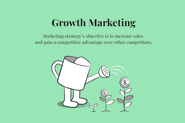 Growth marketing editable template vector with watering can doodle business illustration