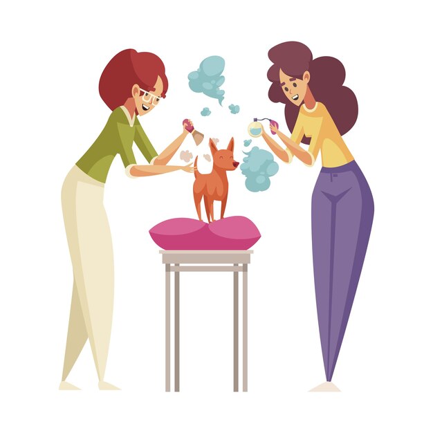 Grroming flat icon with two women scenting small dog with perfume