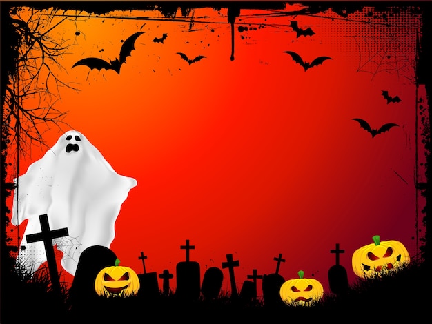 Free Vector grunge halloween background with evil pumpkins and scary ghost