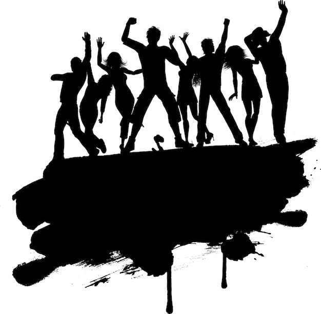 Grunge style silhouette of a group of party people