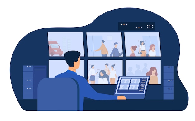 Free Vector guard service man sitting at control panel, watching surveillance camera videos on monitors in cctv control room. vector illustration for security system worker, spying, supervision concept