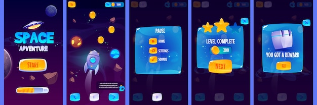 Free vector gui app screens for space adventure game