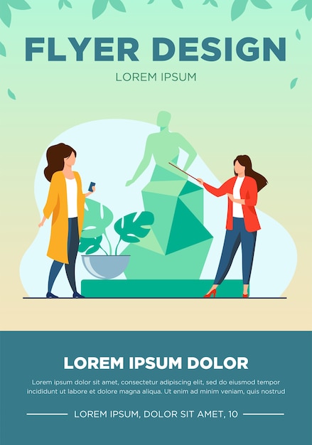 Guide telling about sculpture to tourists. Museum, travel, leisure flat vector illustration. Art and entertainment concept for banner, website design or landing web page