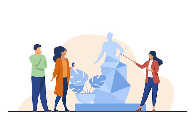 Guide telling about sculpture to tourists. Museum, travel, leisure flat vector illustration. Art and entertainment concept 