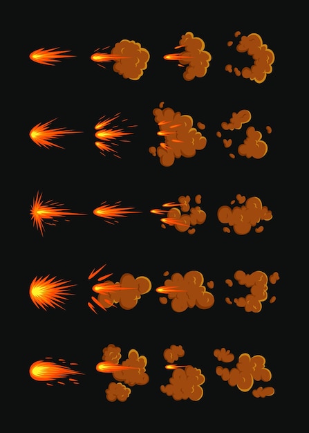 Free vector gunshot animation on black background cartoon illustration set. orange gun flashes with fire and smoke, explosive effect or bullet trace. explosion, weapon, blast, burst concept