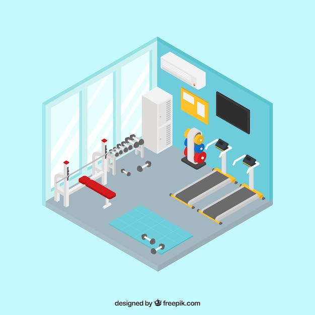 Gym background with exercise machines in isometric style