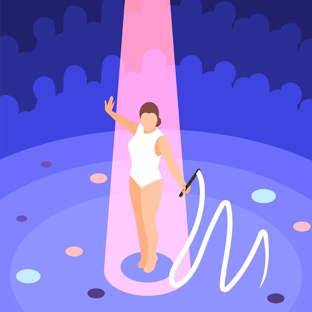 Free Vector gymnastics isometric background composition with view of stage spotlight and girl with ribbon and audience silhouettes vector illustration