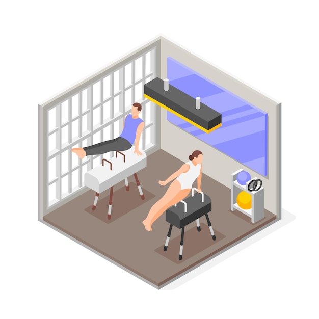 Free Vector gymnastics isometric composition with indoor scenery of gym room with man and woman using gymnastic apparatus vector illustration