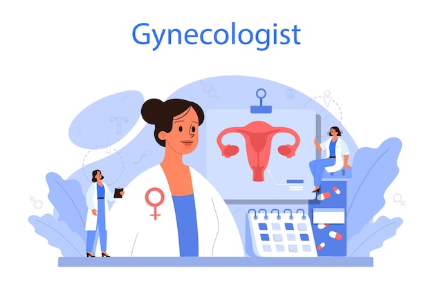 Gynecologist reproductologist and women health concept Human anatomy ovary and womb Pregnancy monitoring and disease treatment Isolated illustration in cartoon style