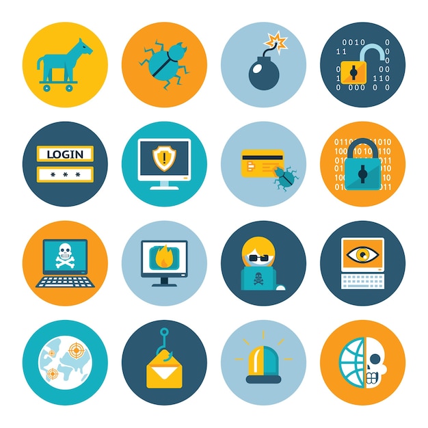 Free vector hacker flat icons. badges in colorful circles on a white background. vector illustration