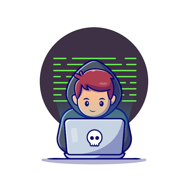 Hacker Operating A Laptop Cartoon Icon Illustration. Technology Icon Concept Isolated . Flat Cartoon Style