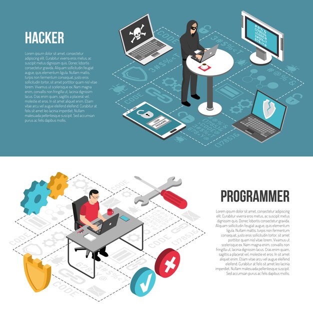 Free Vector hacker programmer isometric banners