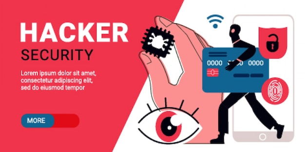 Hacker  security  flat  horizontal  banner  with  criminal  wearing  black  mask  and  carrying  credit  card    illustration