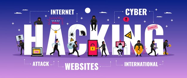 Hacker typography banner with cyber attack symbols flat   illustration