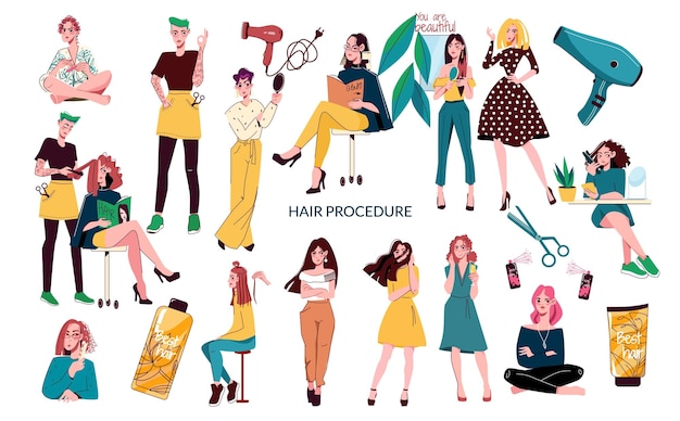 Free vector hair procedure salon flat icon set hairdresser girls with different hairstyles and various attributes for hair styling vector illustration