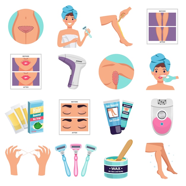 Hair removal set with wax and epilator flat isolated vector illustration