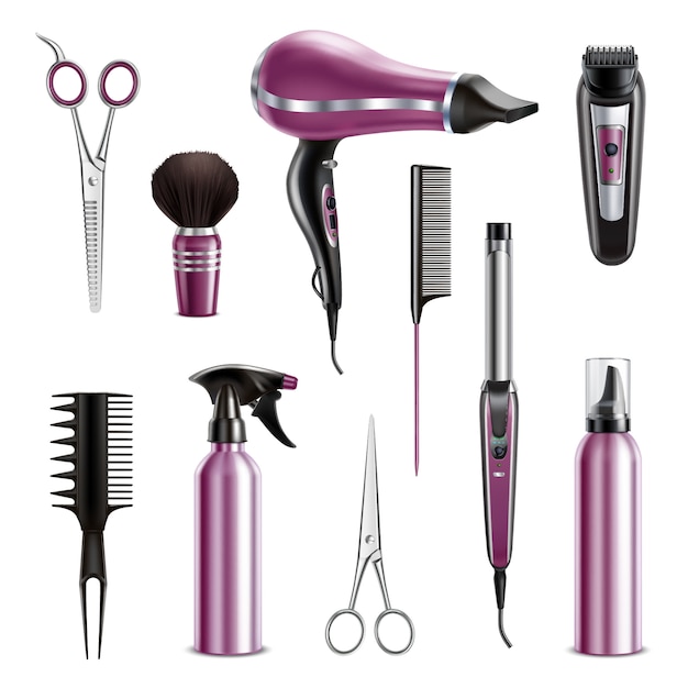 Free Vector hairdresser tools realistic set with hairdryer combs scissors trimmer sprayer  pump dispenser electric curler isolated