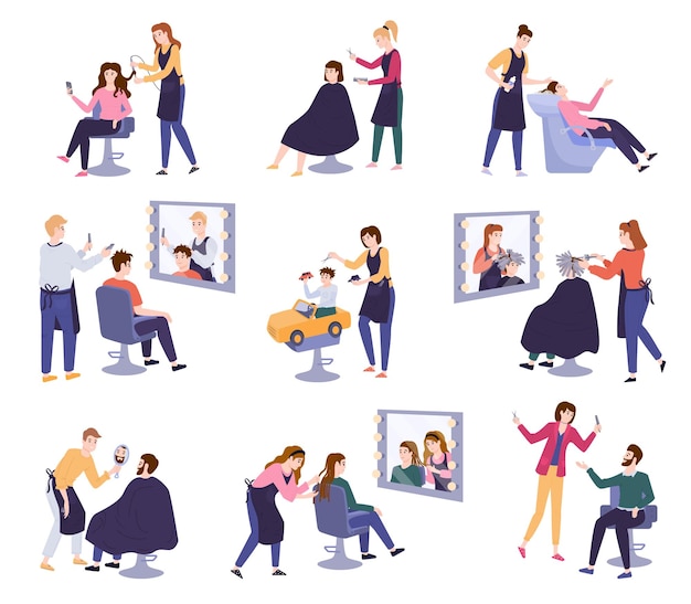 Free Vector hairdressers barbers and their happy clients at beauty salon flat set isolated vector illustration