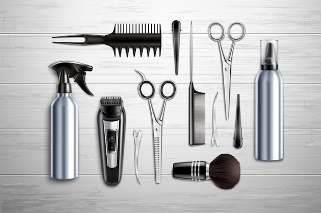 Free vector hairdressing salon barber shop tools collection realistic top view with scissors trimmer clipper monochrome wooden table vector illustration