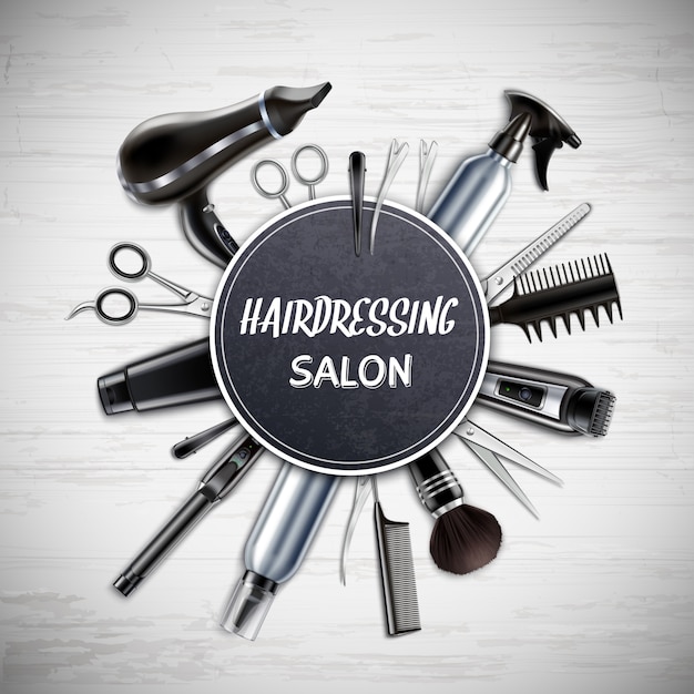 Free Vector hairdressing salon barber shop tools realistic round composition with scissors hairdryer trimmer monochrome vector illustration