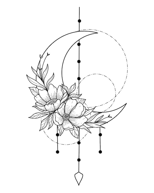 Free Vector half moon dream catcher with flower doodle line art