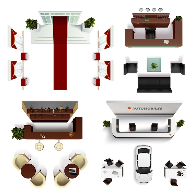 Free Vector hall interior top view realistic elements set isolated vector illustration 