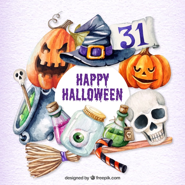 Halloween background of watercolor objects 