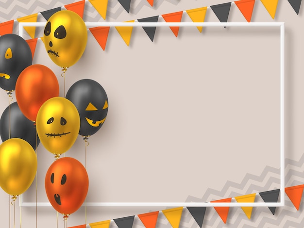 Halloween background with copy space. Air balloons in realistic style with monster faces and bunting flags. Vector illustration.