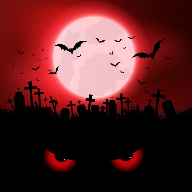 Halloween background with evil eyes and graveyard