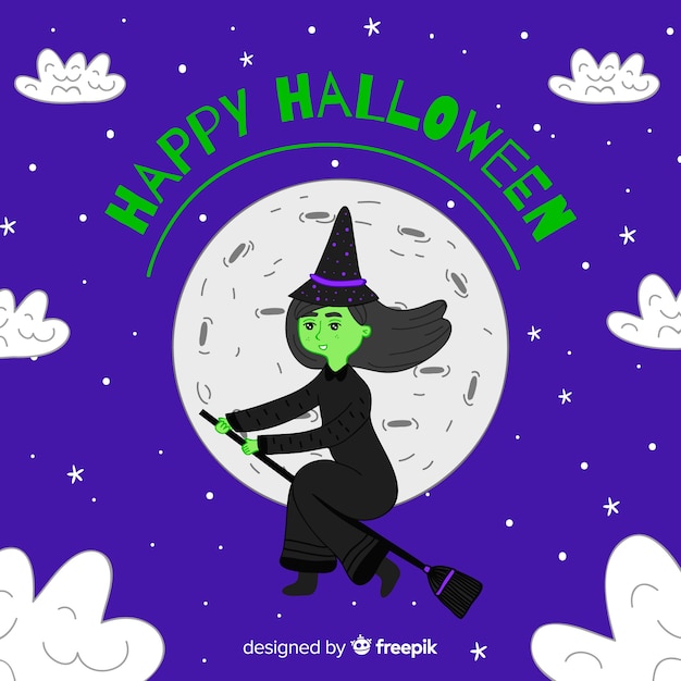 Free vector halloween background with hand drawn witch