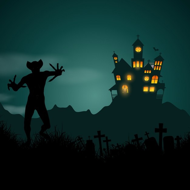 Free Vector halloween background with haunted house and strange figure