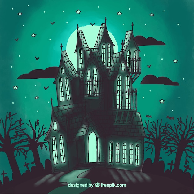 Free Vector halloween background with haunted watercolor house