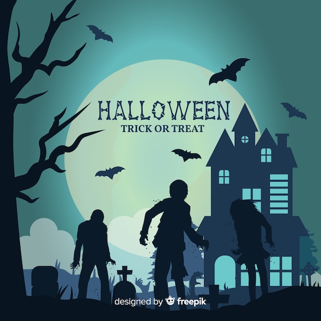 Halloween background with house and cemetery and zombies