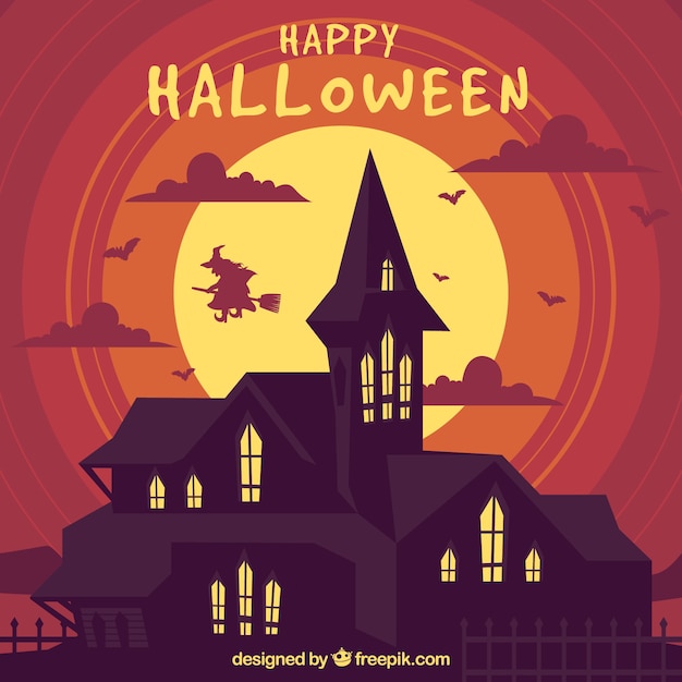 Halloween background with mansion and witch