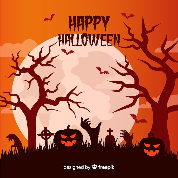 Halloween background with pumpkin and cemetery