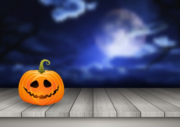 Halloween background with pumpkin on a wooden table against a spooky landscape